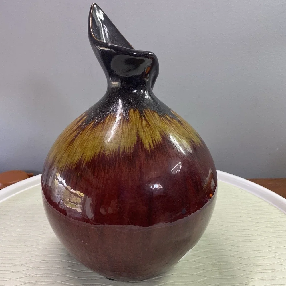 Ceramic Red/Yellow&Gunmetal Vase With Unique Shaped Rim 10.75